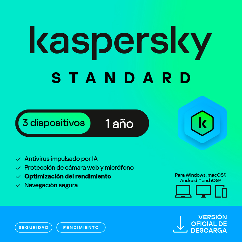 Antivirus Kaspersky Standard, para 3 PCs, Lic 1 año, Producto Virtual.
