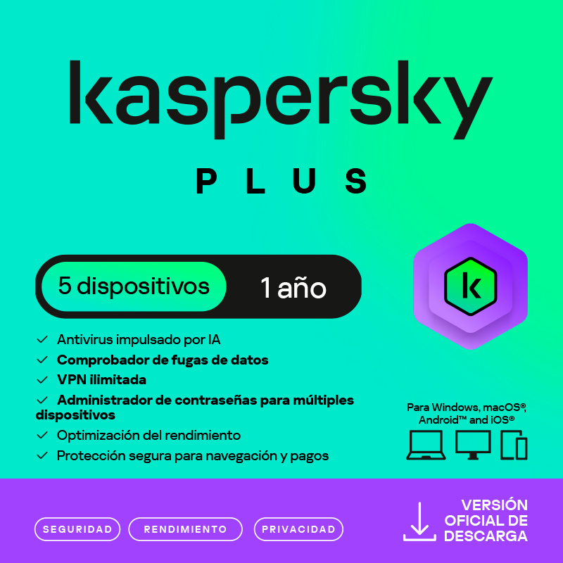 Antivirus Kaspersky Plus, para 5 PCs, Lic 1 año, Producto Virtual.