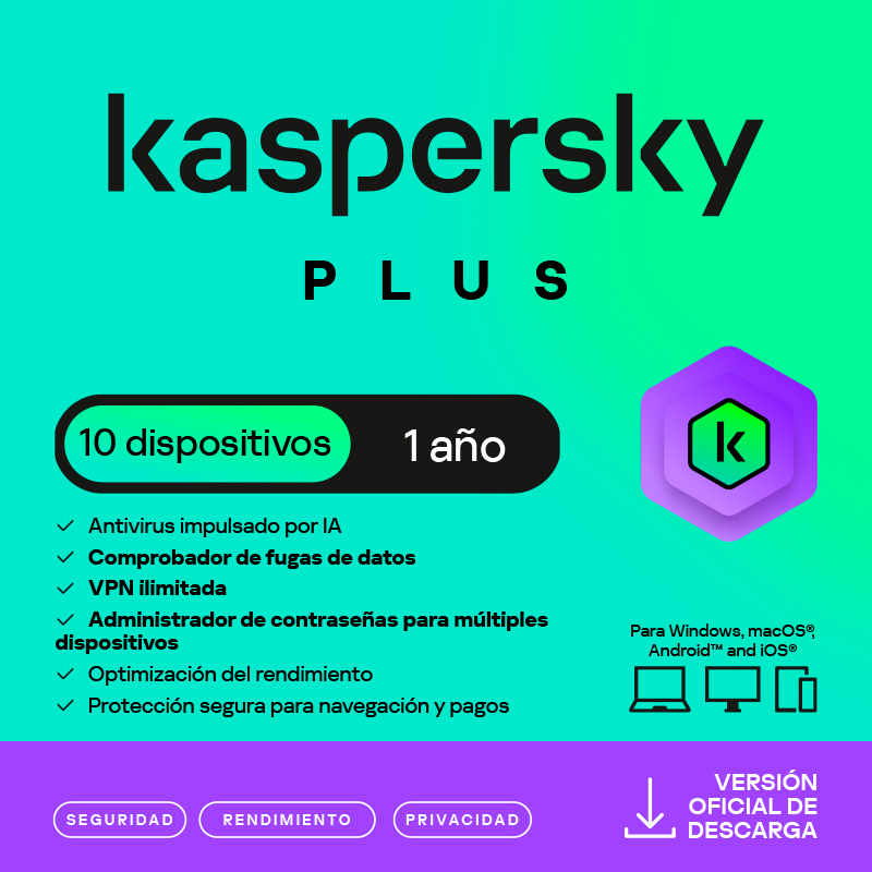 Antivirus Kaspersky Plus, para 10 PCs, Lic 1 año, Producto Virtual.