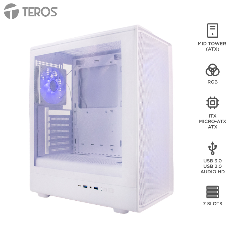 Case sin fuente Gamer TEROS TE-1329G, ITX, M-ATX, ATX, 3.5 y 2.5, Blanco