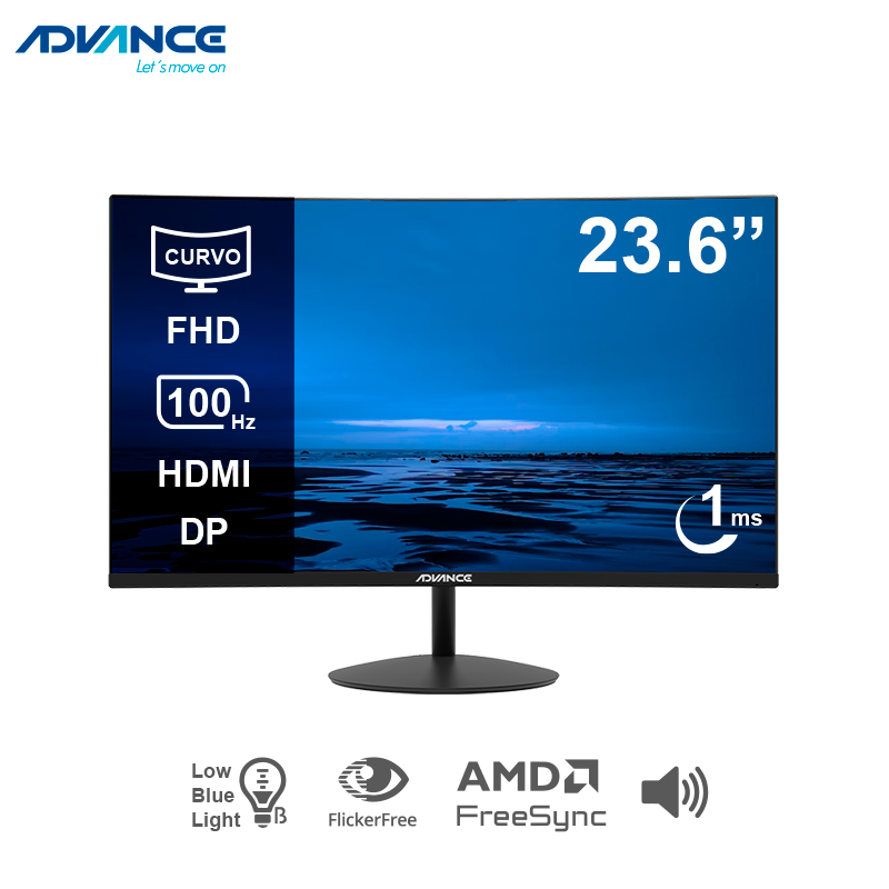 Monitor Curvo Advance ADV-2452S, 23.6 FHD VA, 100Hz, 1ms, HDMI, DP, Parlante, Negro