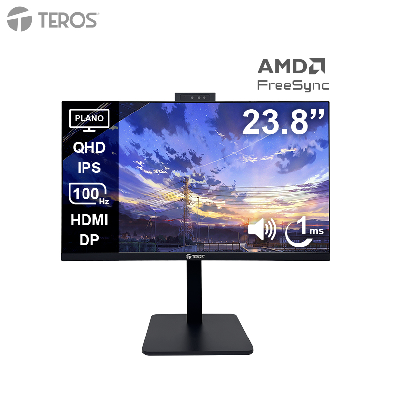 Monitor plano TEROS TE-2416CS, 23.8 QHD IPS, 100Hz, 1ms, HDMI, DP, Cámara, Micrófono